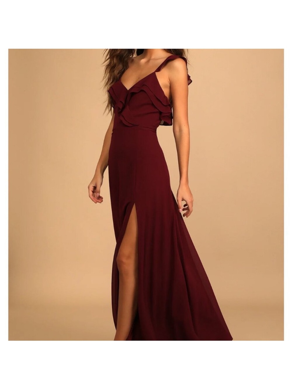 Lulu's Wine Burgundy Ruffle-Detail Maxi Dress with Side Slit